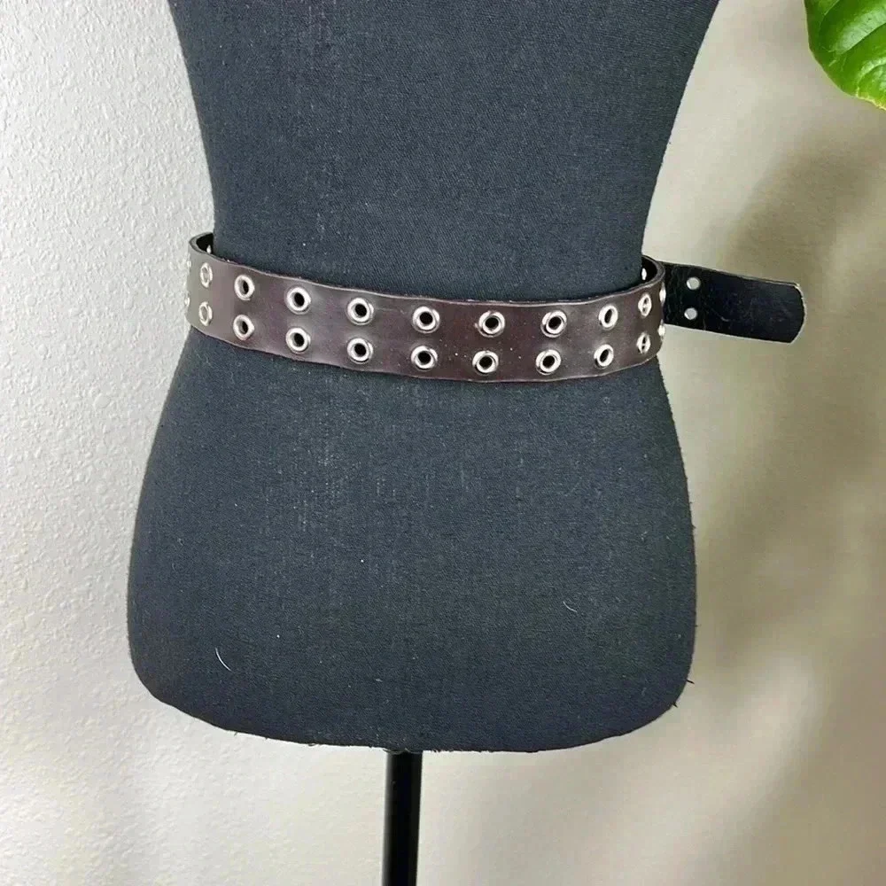 Brown Vegan Leather Double Silver Tone Grommet and Buckle Belt Large